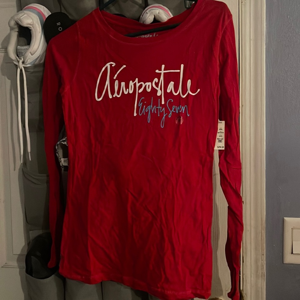 One crewneck, medium, long sleeve red Aeropostale shirt